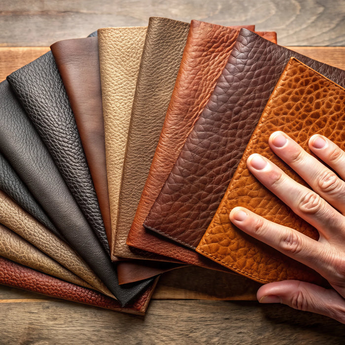 Leather samples in various shapes from light to dark brown