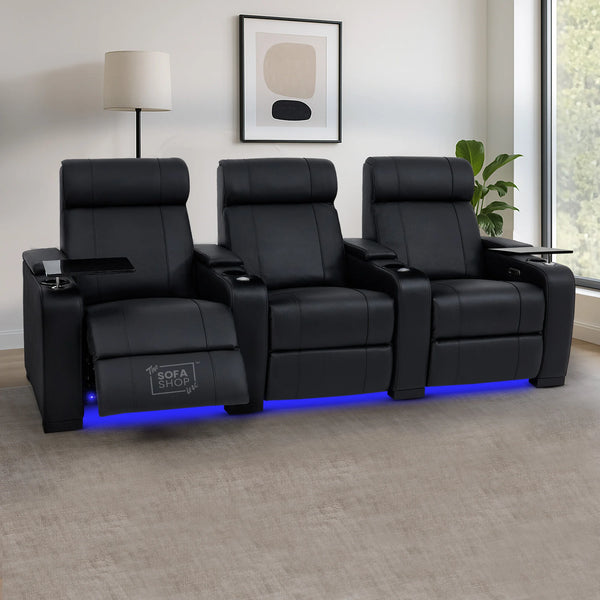 3 Seat Real Leather Electric Recliner Home Cinema Theatre Sofa in Black with Cupholders + USB + LED Lights | Rimini Series One