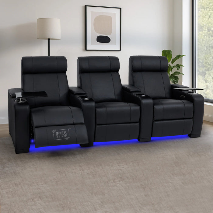 3 Seat Real Leather Electric Recliner Home Cinema Theatre Sofa in Black with Cupholders + USB + LED Lights | Rimini Series One