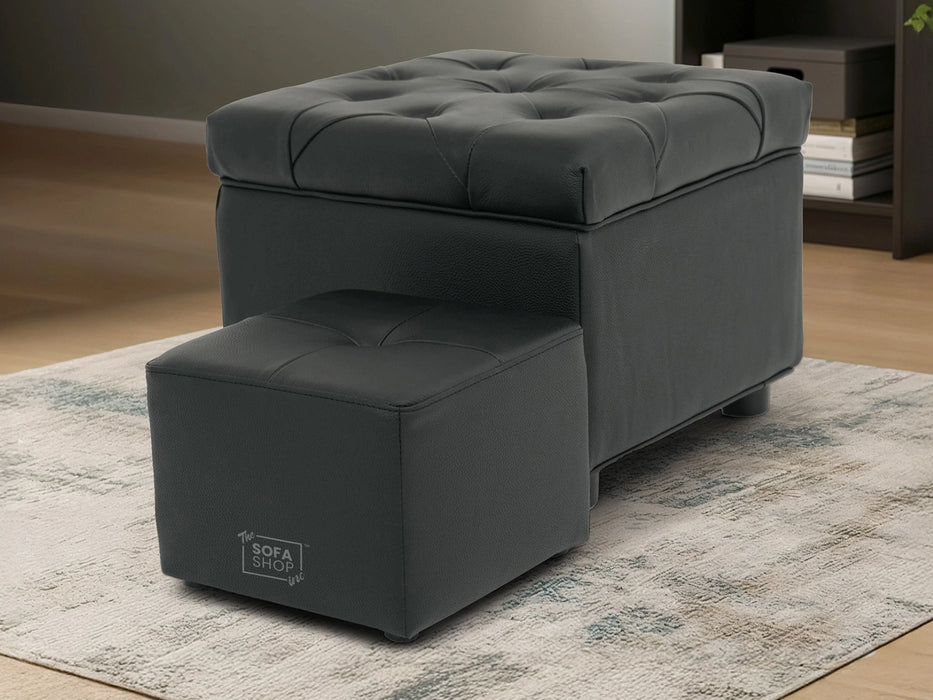 Black Real Leather Footstool | Storage Ottoman for Sofa - Square