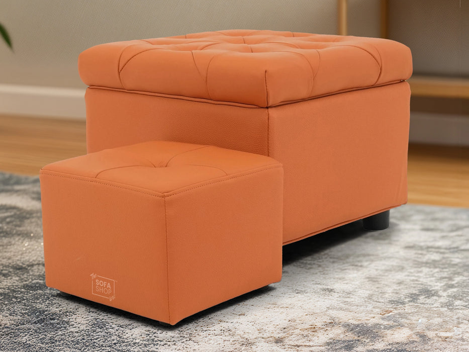 Orange Real Leather Footstool | Storage Ottoman for Sofa - Square