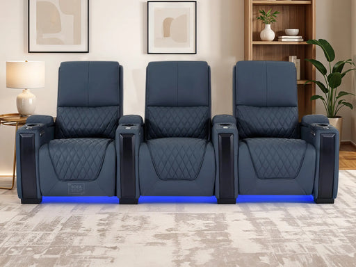 Real Leather 3 Seat Electric Recliner Home Cinema Theatre Sofa In Blue With Storage Boxes + Soft LED Mood Lighting | Assisi