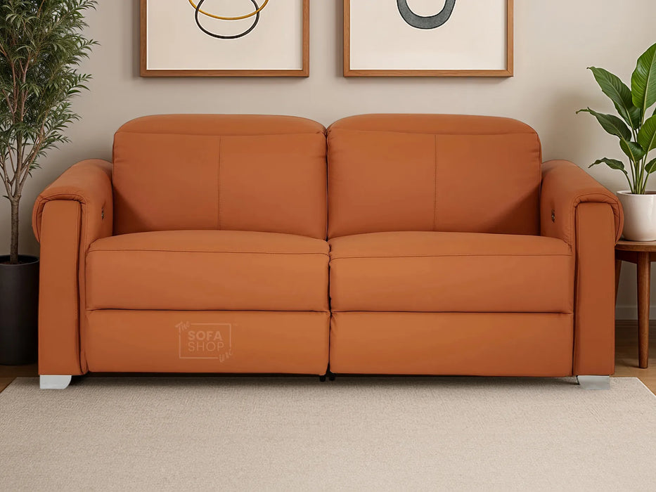 3 Seater Real Leather Recliner Sofa In Orange | Hi-Tech Sofa with Massage, USB Ports & Power Headrest | Turin | The Sofa Shop