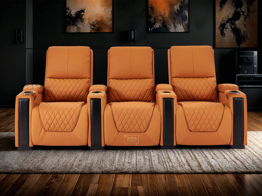 3 Seat Real Leather Electric Recliner Home Cinema Theatre Sofa In Orange | Keep Drinks Chilled in Cooling Cup Holders & Lumbar Support | Assisi