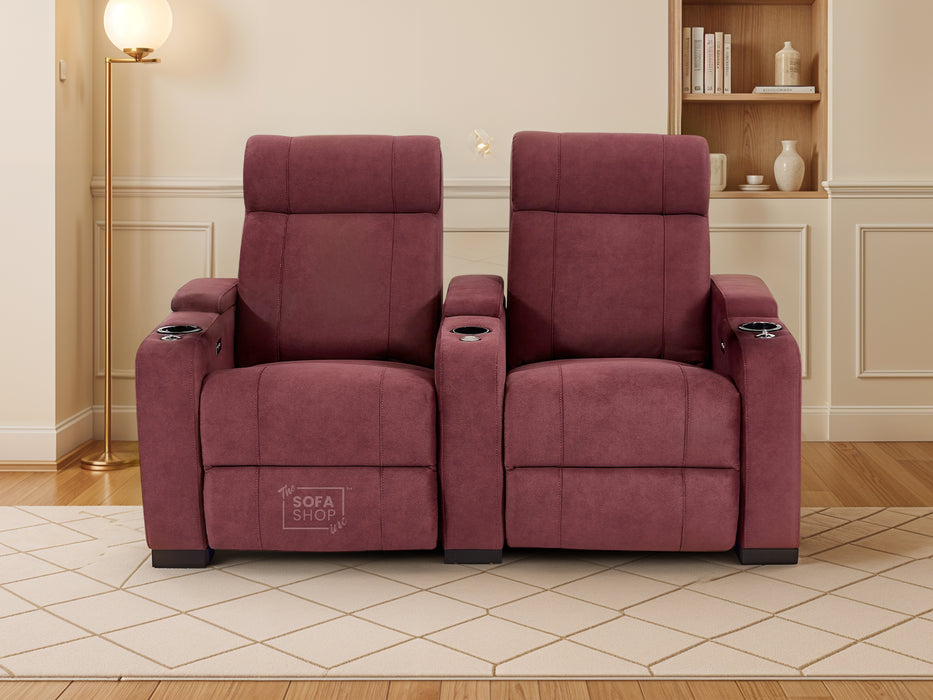 2+1 Sofa Set. Electric Recliner Cinema Suite in Velvet Purple Fabric | 2 Piece Sofa Set with Massage, USB Ports, Cooling Cup Holders, Storage Box & LED Lights | Rimini | The Sofa Shop
