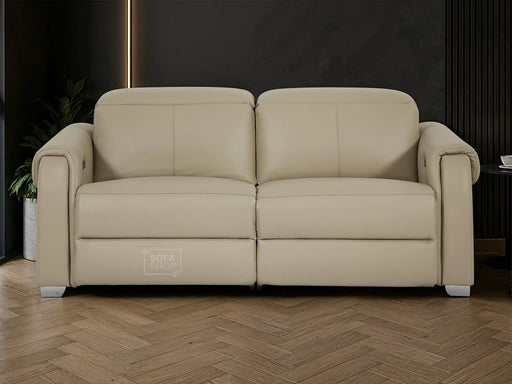 3 Seater Real Leather Electric Recliner Sofa In Beige with Power Headrests + USB Charging  + Electric Reclining Seats | Turin | The Sofa Shop
