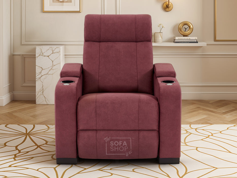 2+1 Sofa Set. Electric Recliner Cinema Suite in Velvet Purple Fabric | 2 Piece Sofa Set with Massage, USB Ports, Cooling Cup Holders, Storage Box & LED Lights | Rimini | The Sofa Shop