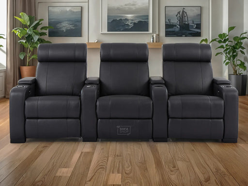 3 Seat Real Leather Electric Recliner Home Cinema Theatre Sofa in Black with Cupholders + Console + Power + USB + LED Lights | Rimini