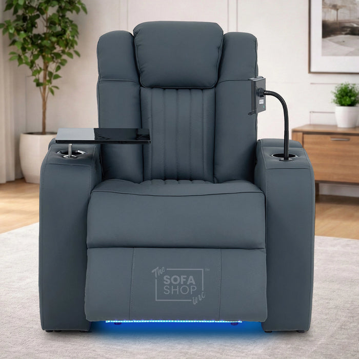 Real Leather Recliner Cinema Chair In Blue | Massage, Heating, Power Headrest, Food Tray & Power Grommet | Capri | The Sofa Shop