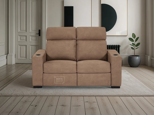 2 Seater Fabric Sofa with Electric Reclining, Lumbar Support, USB Ports, Cup Holders & Tray Table, Tan Fabric Sofa for Unmatched Relaxation | Palmero | The Sofa Shop