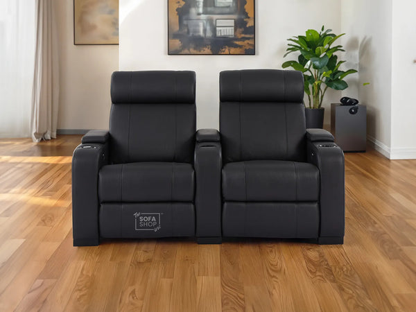 2 Seat Real Leather Electric Recliner Home Cinema Theatre Sofa in Black with Cupholders + Console + Power + USB + LED Lights | Rimini