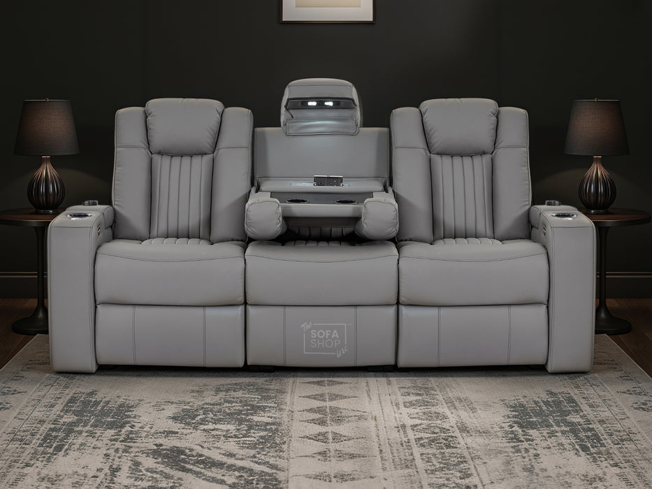 3 Seater Light Grey Real Leather Electric Recliner Cinema Sofa | Electric Sofa With Massage, Power Headrest, Wireless Charging & LED Reading Lights | Capri | The Sofa Shop