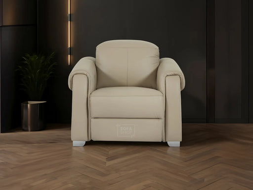 1 Seat Real Leather Electric Recliner Chair In Beige with USB Charging Ports + Adjustable Headrest | Turin | The Sofa Shop