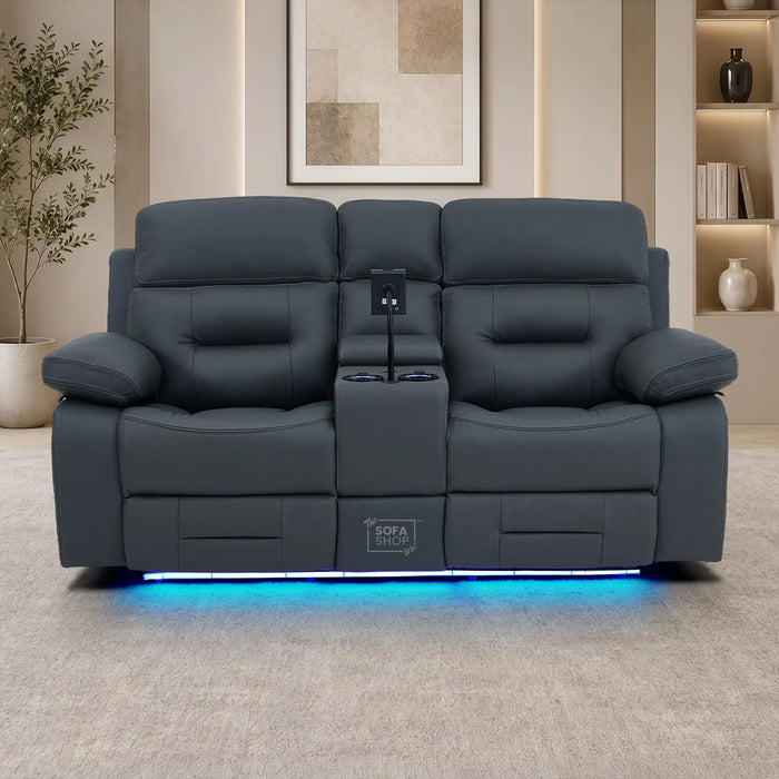 2 Seater Cinema Sofa in Grey Genuine Leather | Hi-Tech Console Couch with Power Recline + Power Headrests + Speakers + Cooling Cupholders | Sicily | The Sofa Shop