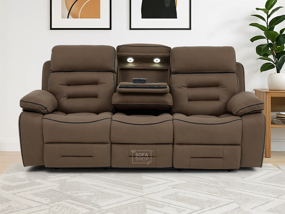 3 Seater Electric Recliner Cinema Sofa in Mocha Brown Fabric | Power Headrests, Bluetooth Speakers, Fold-Down Table & Storage | Tuscany