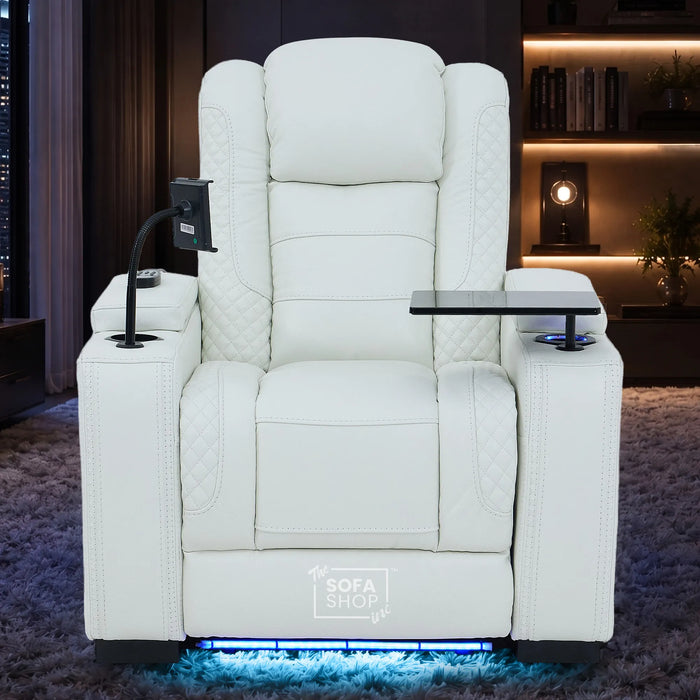 1 Seater Cinema Chair in White Genuine Leather | Hi-Tech Cinema Chair with Power Recline + Power Headrest + Vibration Massage + Heated Lumbar + Power Sockets | Napoli | The Sofa Shop