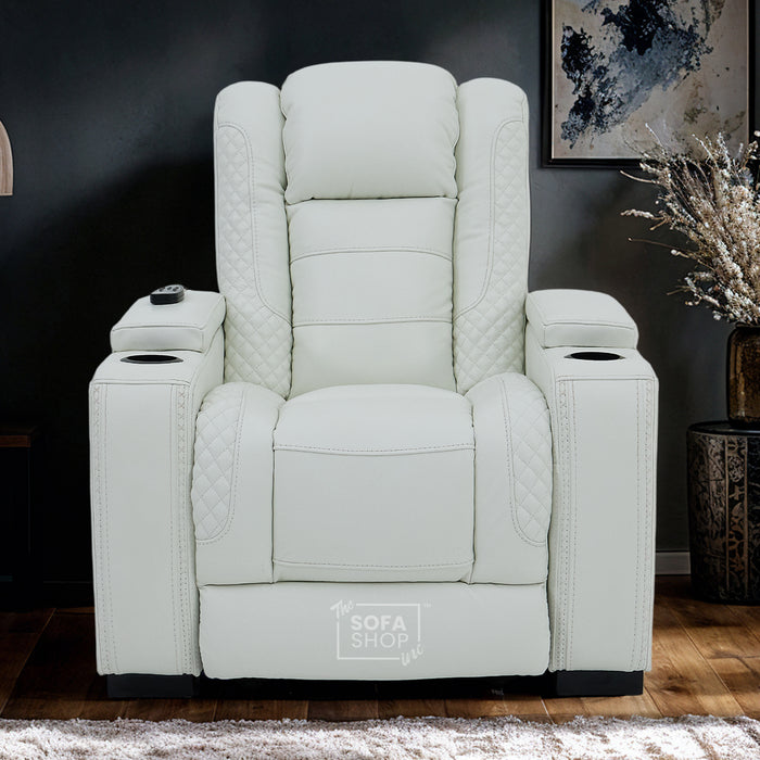 2 Seater Cinema Sofa in White Genuine Leather | Hi-Tech Cinema Sofa with Power Recline + Power Headrests + Settee Storage + Settee Cup Holders + Vibration Massage | Napoli | The Sofa Shop