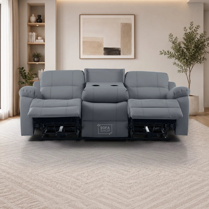 3 Seater Electric Recliner Sofa In Grey Real Leather | Power Recliner With Drop-Down Table & USB+C Charging | Comfortable & Family-Friendly Sofa | Trento | The Sofa Shop