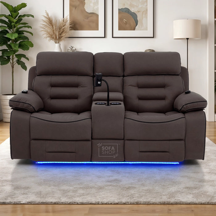 2 Seater Dark Brown Fabric Electric Recliner Home Theatre Sofa with Middle Console | Hi-Tech Sofa with 8-Point Massage, Heated Lumbar, Multi-Link Bluetooth, Cooling & Heating Cupholders | Tuscany | The Sofa Shop