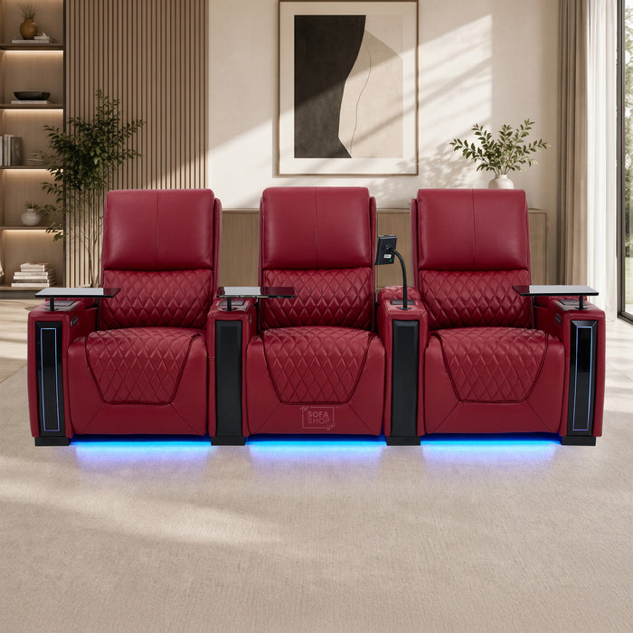 3 Seater Red Real Leather Electric Recliner Cinema Sofa | Hi-Tech Settee With Power Lumbar, Wireless Charging, Heating & Cooling Cupholders | Assisi | The Sofa Shop