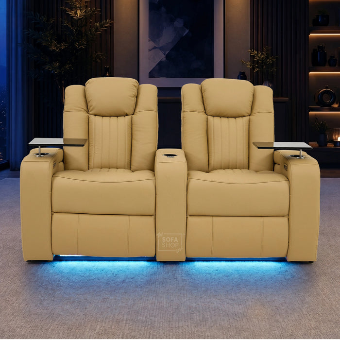 2 Seater Real Leather Electric Recliner Cinema Sofa in Tan | Recliner Settee With Massage, Power Headrests, Power Grommet & Tray Tables | Capri | The Sofa Shop