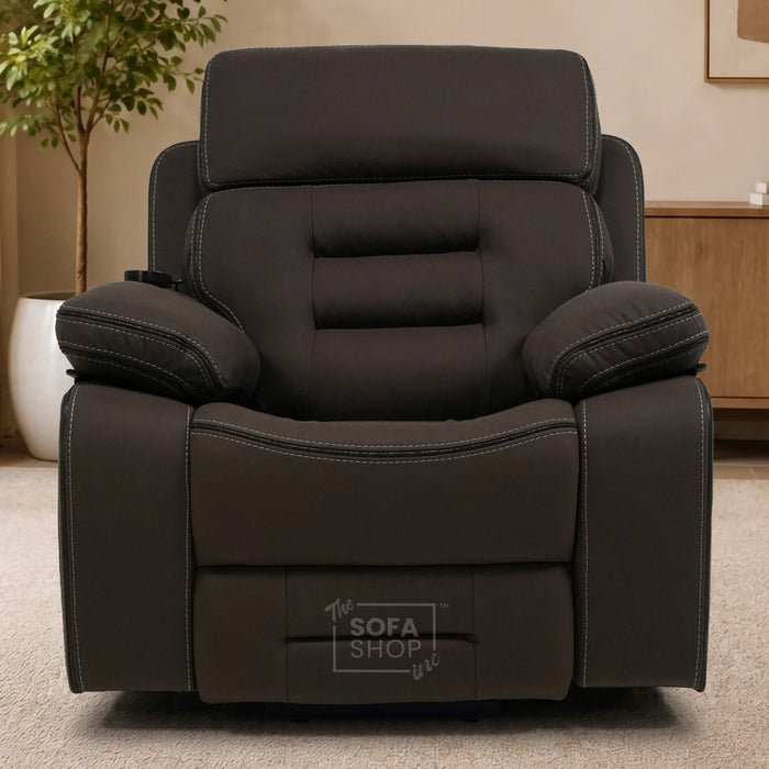 Tuscany Riser Recliner Chair | 1 Seater Dark Brown Fabric Electric Recliner Rising Armchair | Hi-Tech Lift Chair with Riser Function, Vibration Massage, Heated Lumbar  & Cooling Cup Holder + Power Grommet| The Sofa Shop