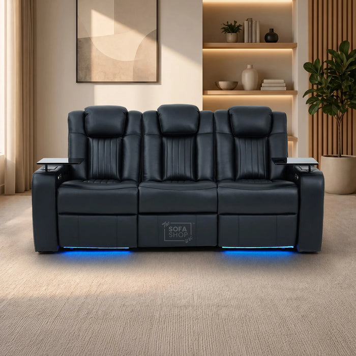 3 Seater Cinema Sofa in Black Real Leather | Hi-Tech Cinema Sofa with Vibration Massage, Heated Lumbar, Bluetooth Speakers, Heating & Cooling Cupholders | Capri | The Sofa Shop