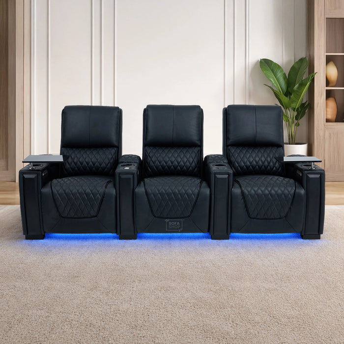 3 Seater Cinema Sofa in Black Real Leather | Luxury Theatre & Home Cinema Seating | Electric Recliner With Power Lumbar + USB Charging + Cupholders & Power Headrests | LED Lighting & Hidden Storage | Assisi