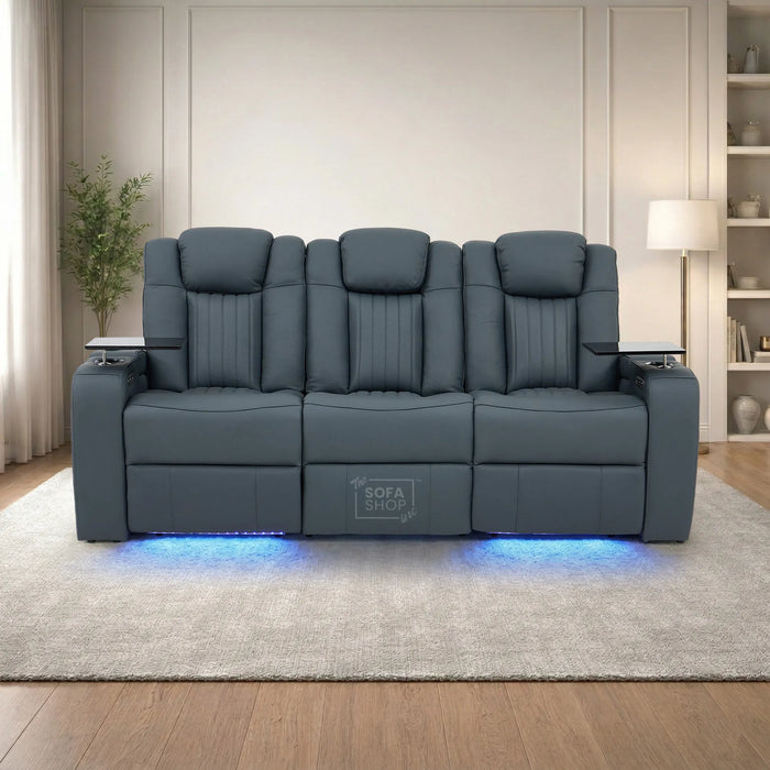 3 Seater Real Leather Recliner Sofa In Blue | Cinema Sofa with Massage, Heating, USB Ports, Drop-Down Table, LED Lights & Massage | Capri | The Sofa Shop