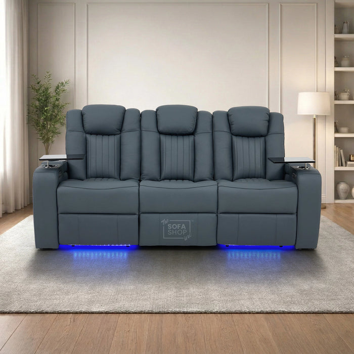 3 Seater Real Leather Recliner Sofa In Blue | Cinema Sofa with Massage, Heating, USB Ports, Drop-Down Table, LED Lights & Massage | Capri | The Sofa Shop