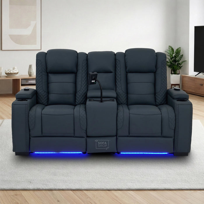 2 Seater Blue Real Leather Electric Recliner Cinema Sofa | Massage, Heat, Console, Wireless Charging & Cooling Cup Holders | Napoli