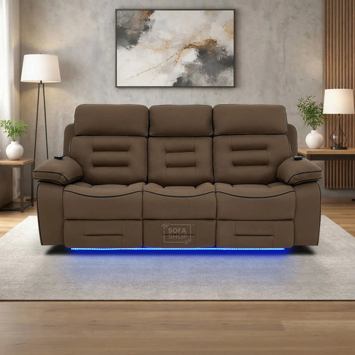 3 Seater Electric Recliner Cinema Sofa in Mocha Brown Fabric | Hi-Tech Sofa With Massage, Heat, Fold-Down Table, Bluetooth Speakers, LED Lights & Power Headrest | Tuscany | The Sofa Shop