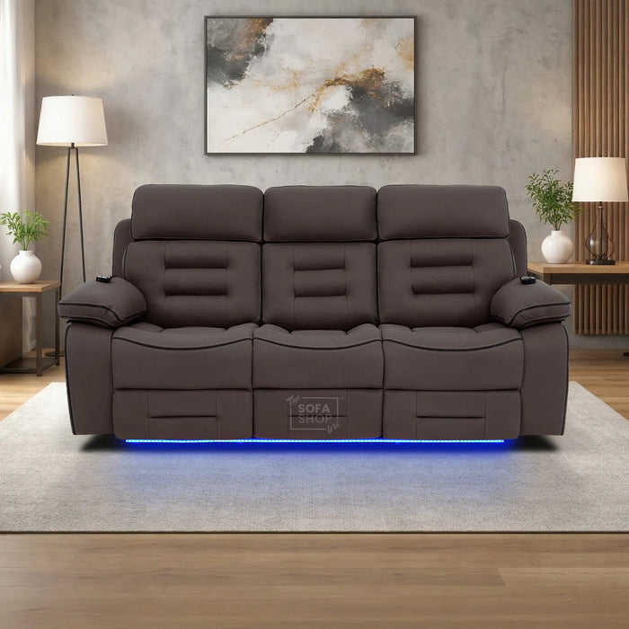 3 Seater Electric Recliner Cinema Sofa in Dark Brown Fabric | Hi-Tech Sofa With Massage, Fold-Down Table, Bluetooth Speakers, LED Lights & Power Headrest | Tuscany | The Sofa Shop