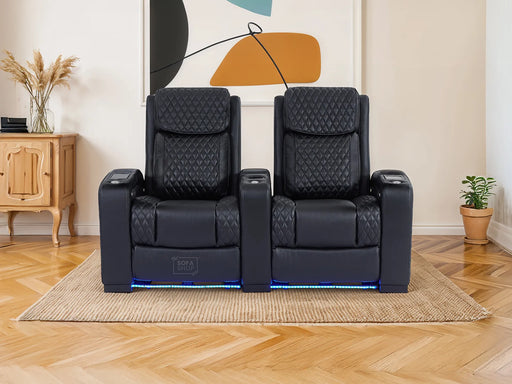 2 Seat Real Leather Electric Recliner Home Cinema Theatre Sofa In Black With Power Headrests + USB + LED Lights + Table | Torino