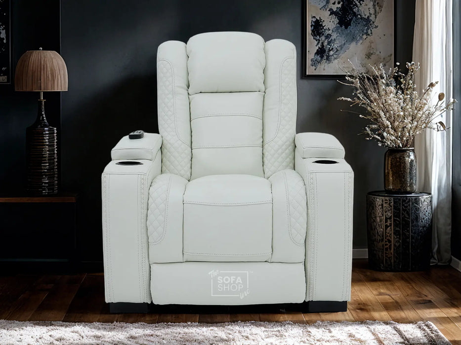 3+1 Real Leather Sofa Set. Two piece Sofa with Power Headrest, USB Ports, Electric Reclining, Massage Seats, Socket Set & Storage Drawer | White Leather | Napoli