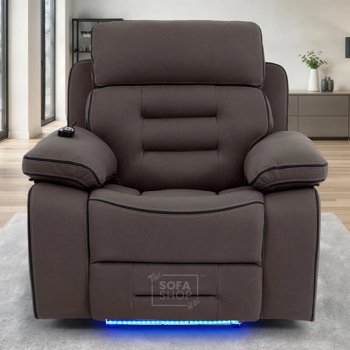 1 Seater Dark Brown Fabric Electric Recliner Cinema Armchair | Hi-Tech Recliner Chair with Vibration Massage, Heated Lumbar,  Power Headrest & Power Grommet | Tuscany | The Sofa Shop