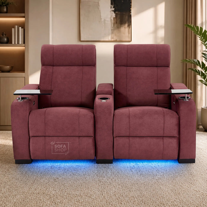 2 Seater Reclining Sofa with Electric Reclining, Massage, USB Ports, Cooling Cup Holders, Storage Boxes & LED Lights | Purple Velvet Fabric Sofa | Rimini | The Sofa Shop