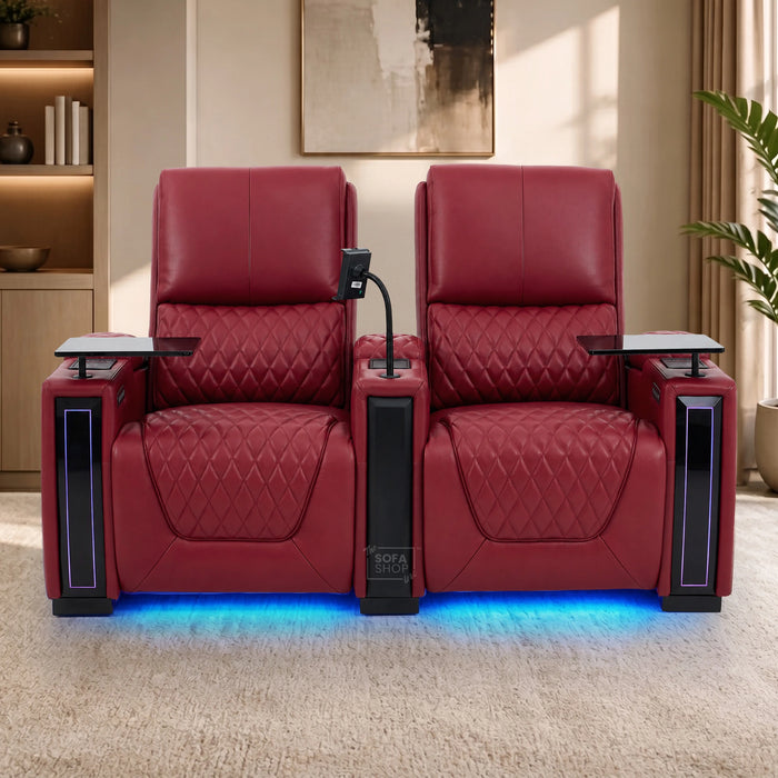 2 Seater Red Real Leather Electric Recliner Cinema Sofa | Hi-Tech Recliner Settee with Power Lumbar, Wireless Charging, Heat & Cooling Cupholders | Assisi | The Sofa Shop