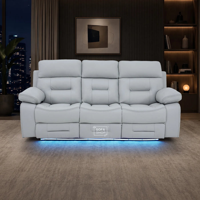 3 Seater Cinema Sofa in Light Grey Genuine Leather | Hi-Tech Couch with Power Recline + Power Headrests + Wireless Charging + Speakers | Sicily | The Sofa Shop