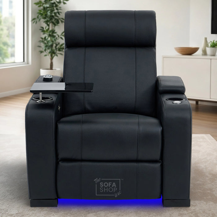 1 Seater Black Genuine Leather Electric Recliner Cinema Chair | Power Seat With Massage, Heat, Cooling Cup Holder & Detachable Tray Table | Rimini | The Sofa Shop
