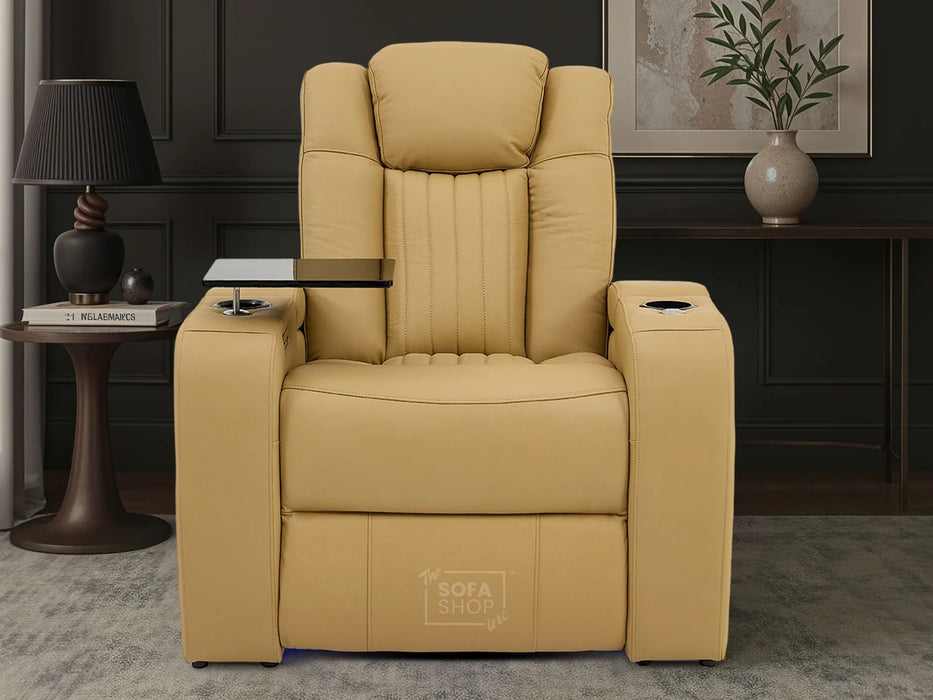 Real Leather Electric Recliner Cinema Chair in Tan | Hi-Tech Power Chair with USB Charging, Cup Holders, Storage, LED Lights & Massage | Capri | The Sofa Shop