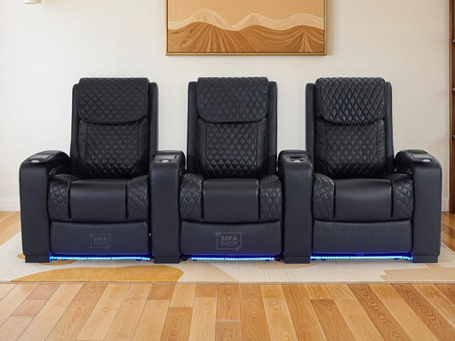 3 Seater Real Leather Electric Recliner Sofa In Black | Cinema Seats For Smart Homes with Lumbar Support, LED Lights, Console & Cup Holders | Torino