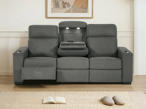 3 Seater Electric Recliner Sofa with Drop-Down Table, Reading Light, Lumbar Support, USB Port, Socket Set, Power Recliner & Cup Holder | Grey Fabric | Palmero | Sofa Shop