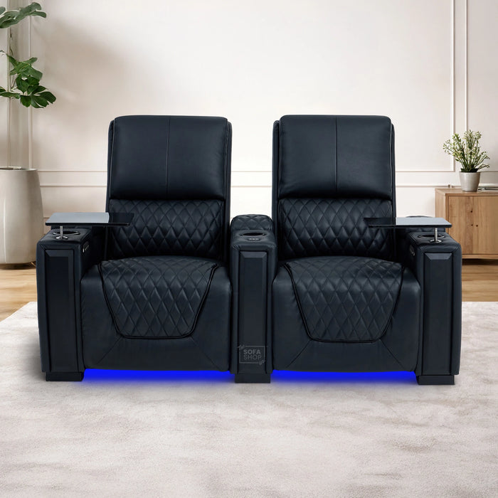 2 Seater Cinema Sofa in Black Real Leather | Luxury Theatre & Home Cinema Seating | Electric Recliner With Cooling Cup Holders + Lumbar Support | USB Charging + LED Lights | Assisi