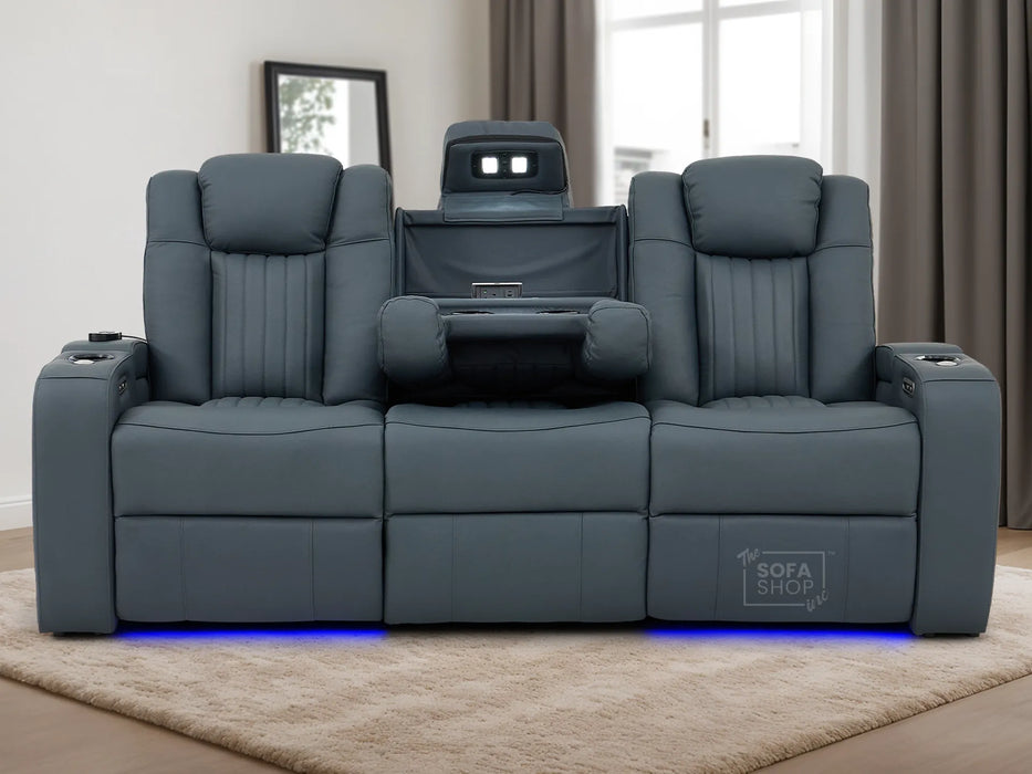 Real Leather 3+1 Recliner Cinema Sofa Set In Blue with Power Headrest, Power Recliner, Drop-Down Table, Massage, LED Lights, USB Ports & Tray Tables | Cinema Sofa Set | Capri