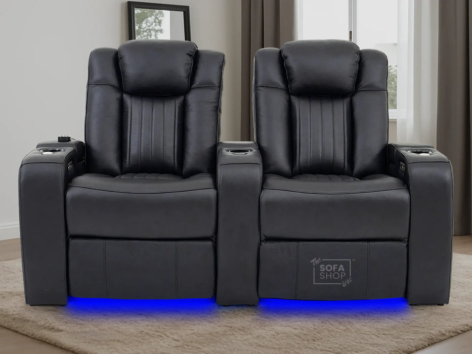2 Seater Real Leather Power Reclining Cinema Sofa in Black with Console, USB Ports, Table, Cup Holders, Storage & Massage | Capri | The Sofa Shop