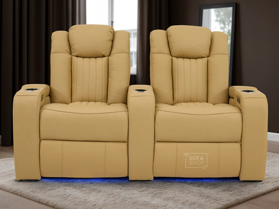 Real Leather 3+2 Smart Recliner Sofa Set in Tan | Power Reclining Sofa Suite with Drop-Down Table, Console, Massage, USB & LED | Capri | The Sofa Shop