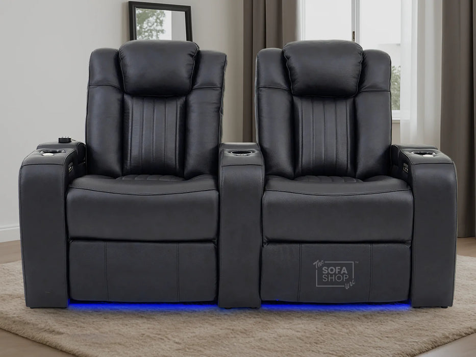 3+2 Electric Recliner Sofa Set | 2-Piece Real Leather Cinema Suite in Black with Console, Massage, Drink Holders & Storage Boxes | Capri | Sofa Shop