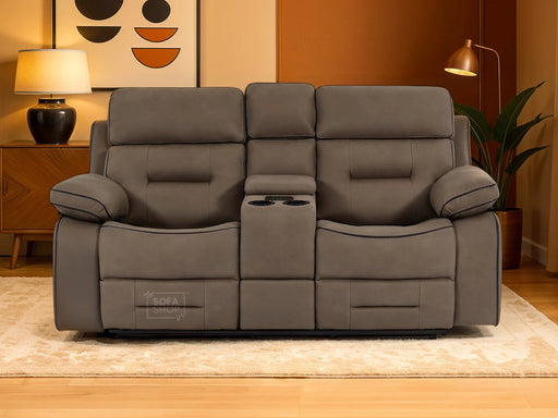 2 Seater Cinema Reclining Sofa in Brown Fabric with Console, Power Headrest, Power Recliner, Socket Set, USB & Wireless Charging | Sicily | Sofa Shop