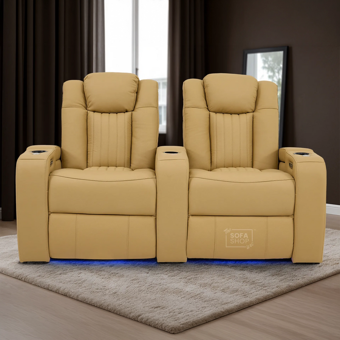 2 Seater Real Leather Power Recliner Sofa in Tan | Cinema Sofa with Console & USB Charging, Cup Holders, Storage, LED Lights & Massage | Capri